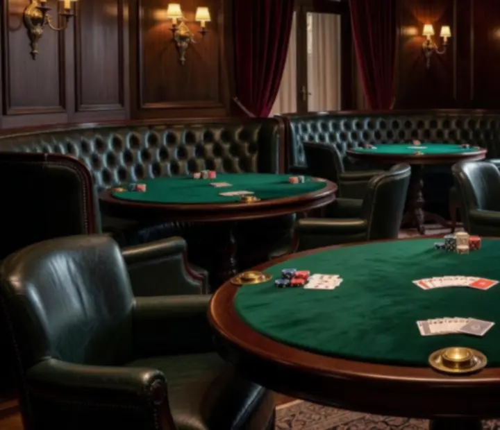 Tables de poker en drap vert et alc&ocirc;ves privatives dans un lounge parisien.