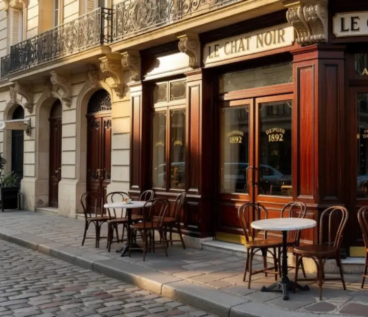Façade ensoleillée d'un bistro parisien avec chaises en bois et table en marbre