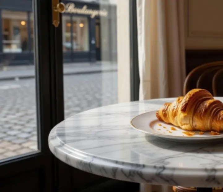 Croissants dorés servis sur une table en marbre dans un café parisien