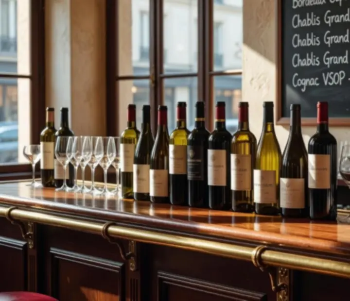 Sélection de vins au bar d’un café parisien