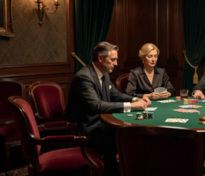 Lounge de cartes en soirée avec table de poker et lumière tamisée