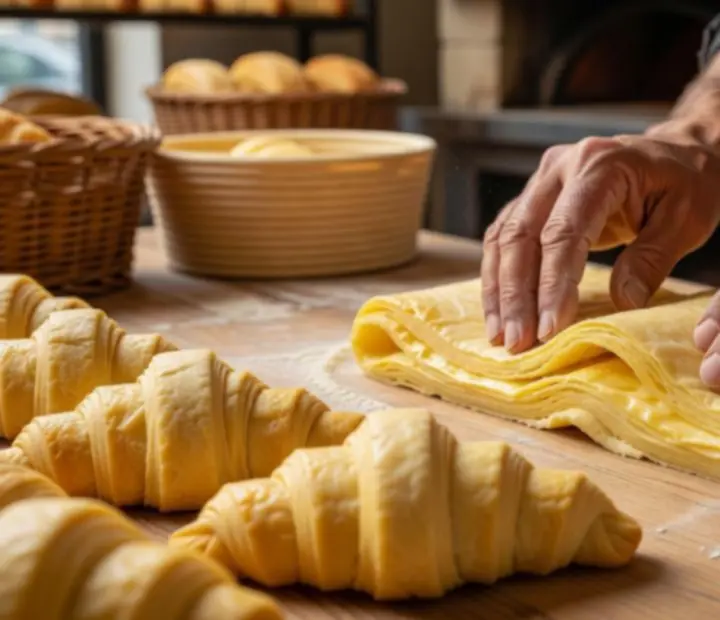 Préparation manuelle de croissants avec pâte feuilletée laminée sur un plan de travail.