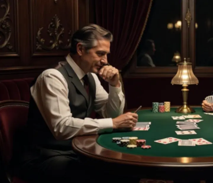 Ambiance feutrée d'un salon de cartes avec joueurs autour d'une table