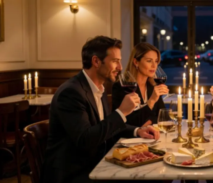 Soirée de dégustation de vin dans un bistro parisien éclairé à la bougie