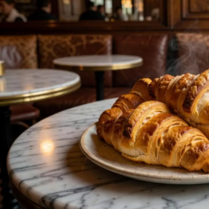 Croissants français frais sur un comptoir de café parisien