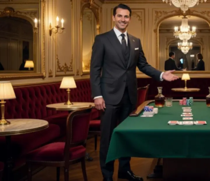 H&ocirc;tes du lounge poker parisien accueillant les clients dans un bistro.