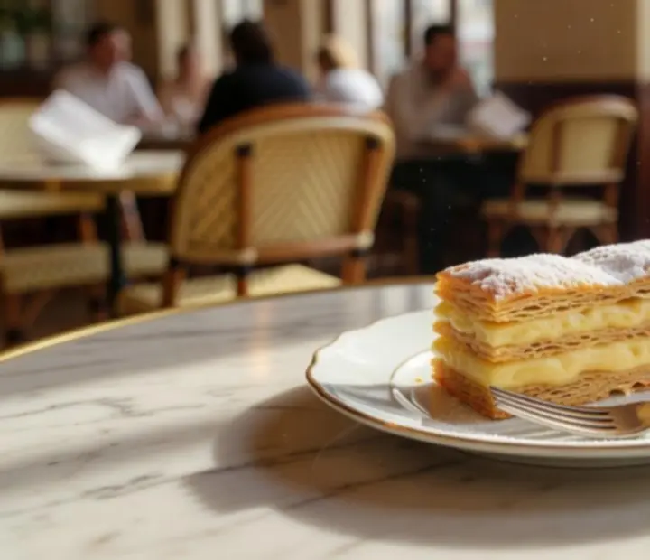Millefeuille à la vanille dressé sur une assiette
