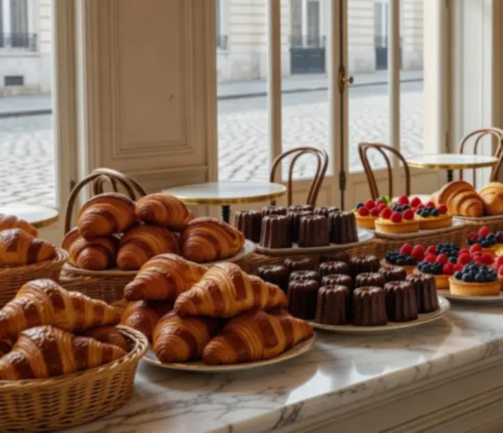 Vitrine de bistro parisien remplie de croissants, canelés et tartes aux fruits sur comptoir de marbre.