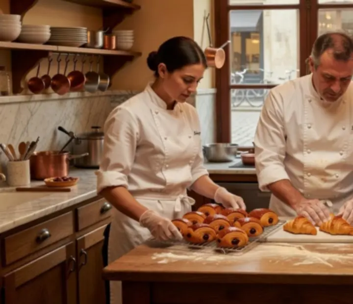 Équipe de pâtissiers travaillant dans une cuisine parisienne, plaques de viennoiseries dorées sur grilles de refroidissement.