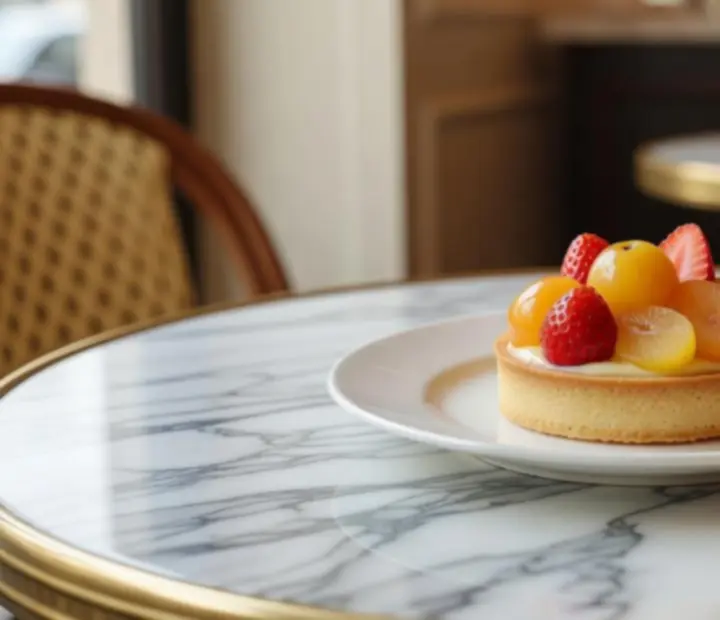 Tartelette aux fruits de saison avec glaçage brillant sur assiette de bistro.