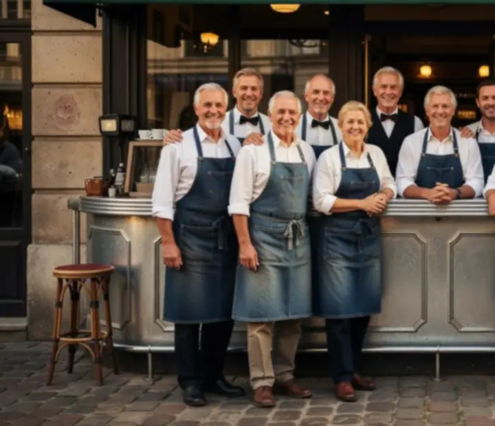 Famille fondatrice et équipe d'un bistro parisien souriant devant le comptoir