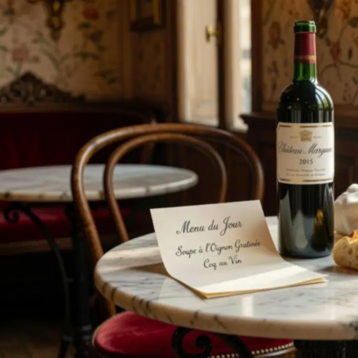 Bouteille de vin mise en avant sur une table de bistro parisien